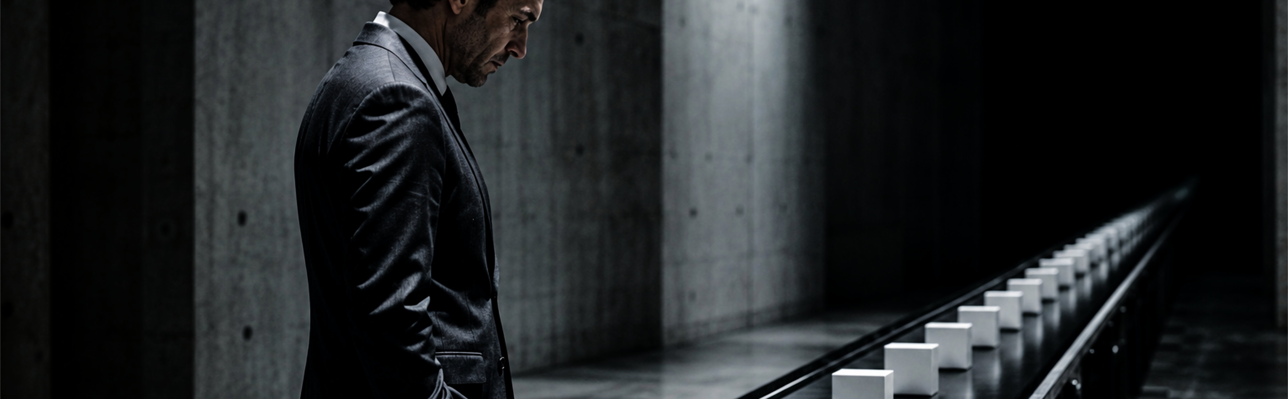 A man stares at a conveyer belt filled with white cubes as the considers the scaling of his business.
