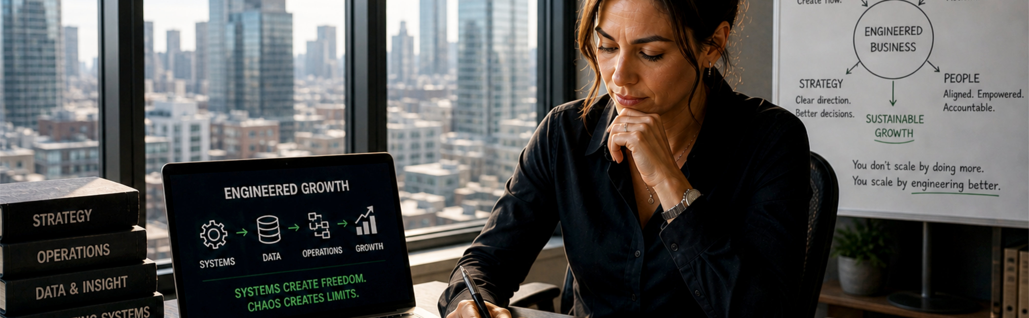 A woman sitting at a desk working on how to build assets and wealth, rather than simply funding others.