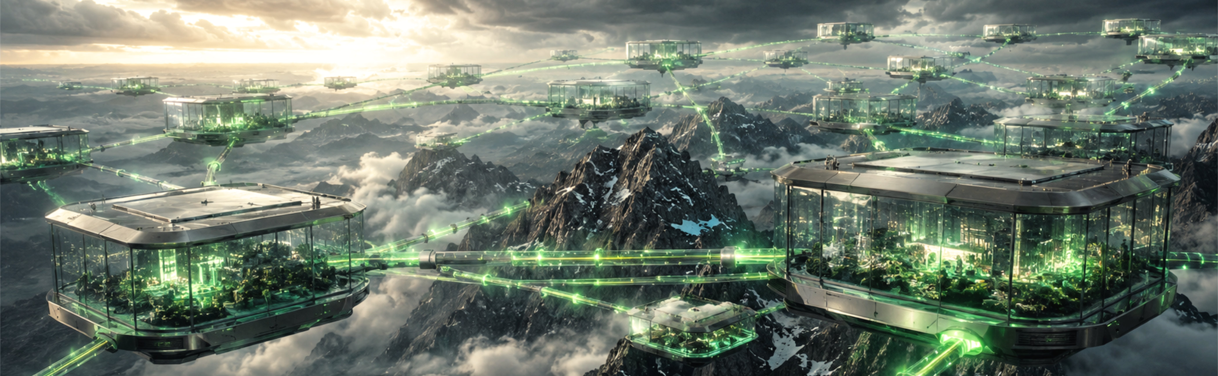 Glowing pods representing a distributed architecture connected by pulsing green lines.