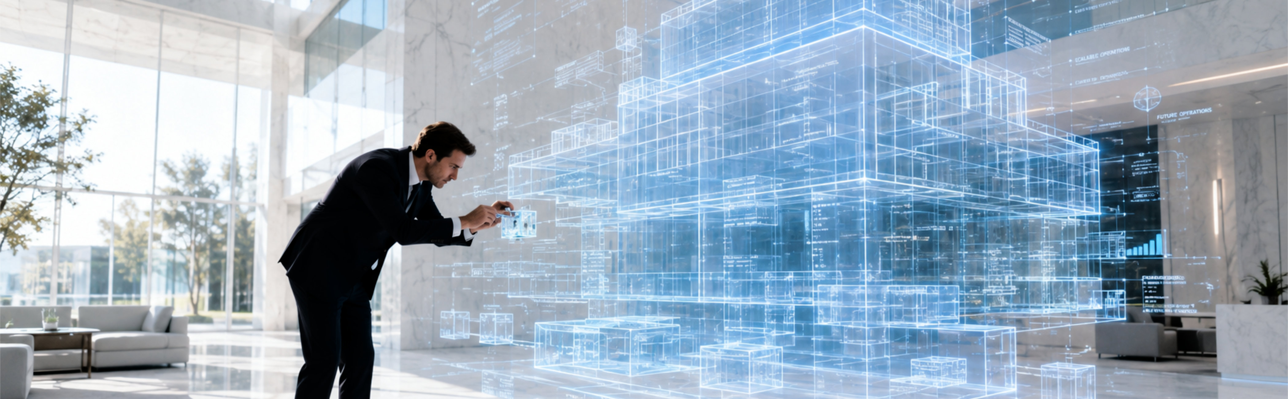 A businessman in a suit interacting with an expansive, glowing blue 3D holographic architectural model of a building within a bright, modern corporate lobby.