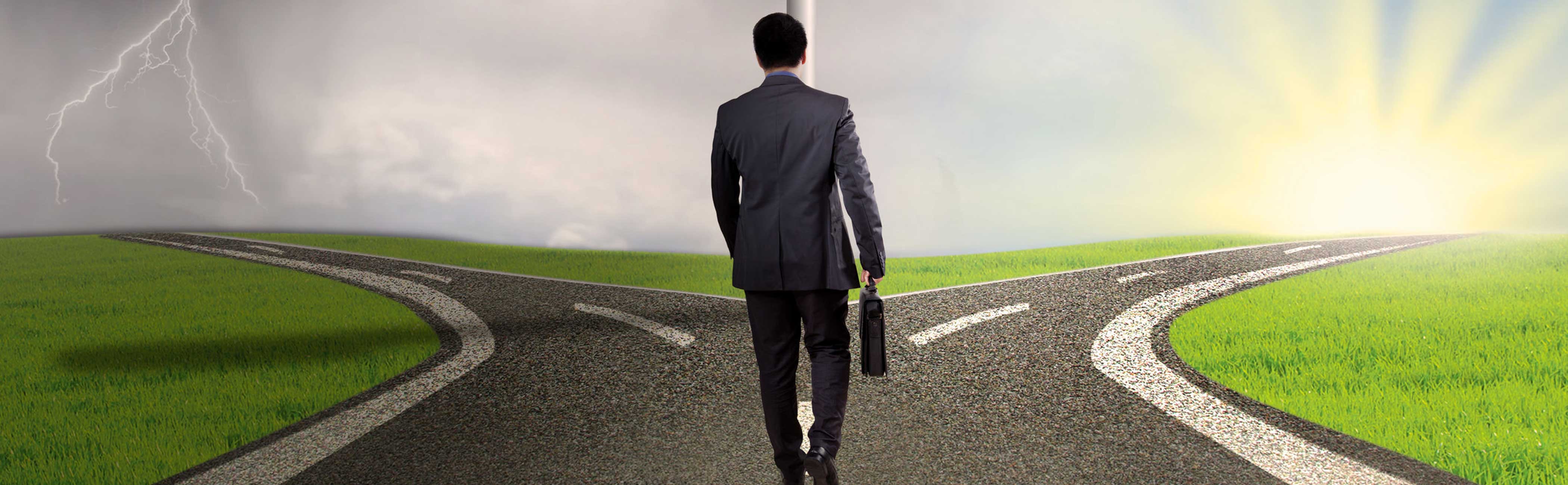 A businessman deciding which route to take, success or failure.