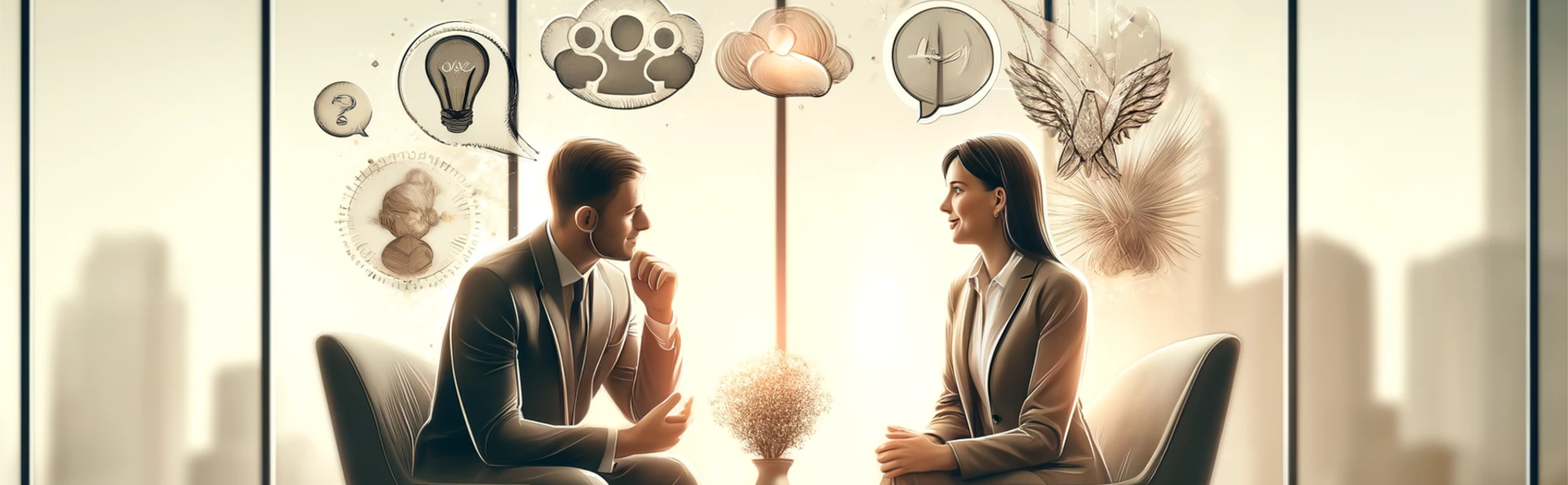 A man and woman sitting on chairs, while they talk. Ideas float above them.