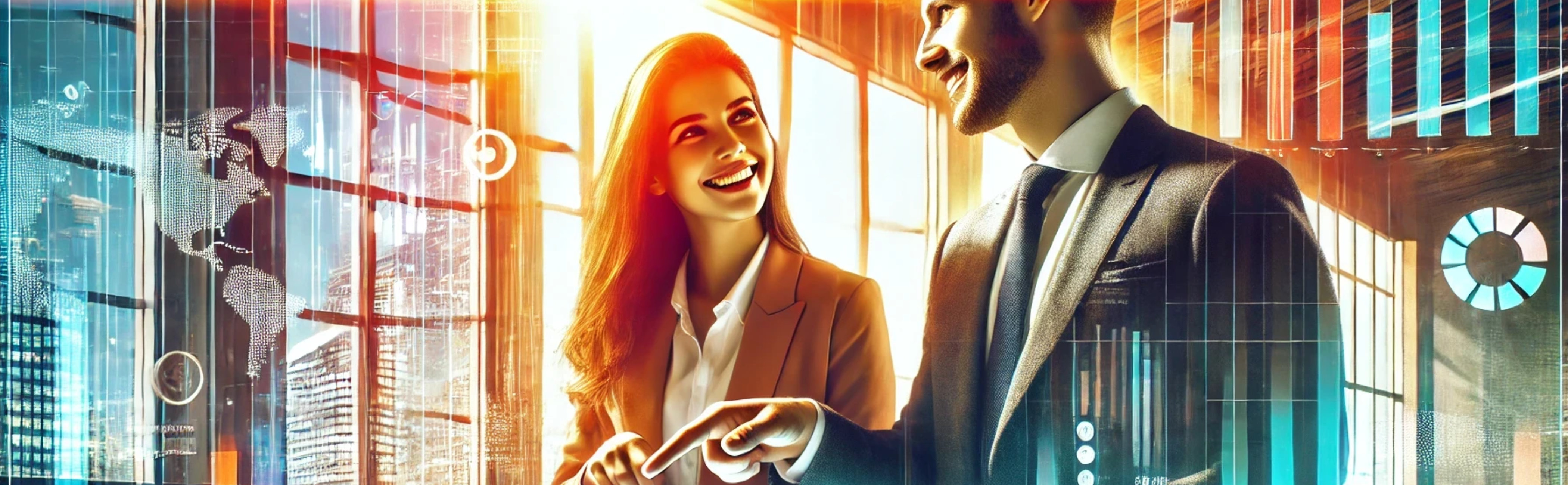 A woman looking at an iPad being held by a man, as they discuss a sales solution.