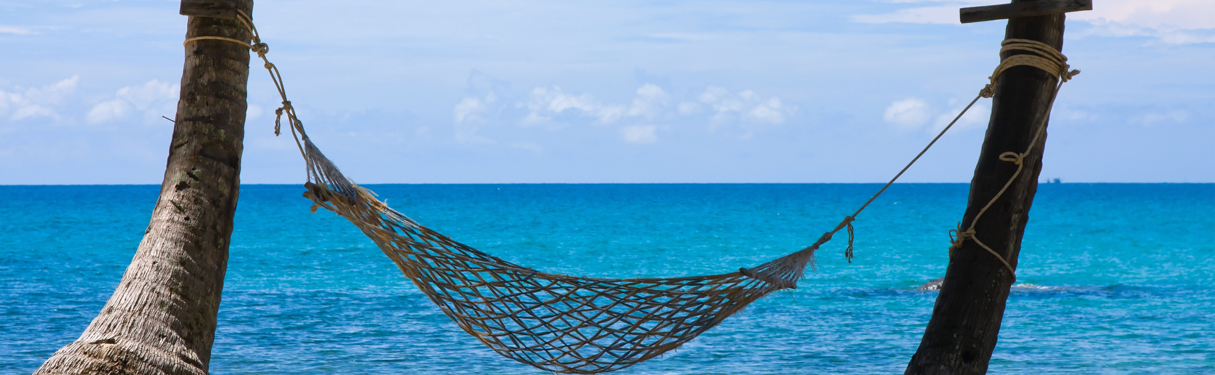 A hammock tied between two palm trees on a golden beach on a tropical island.