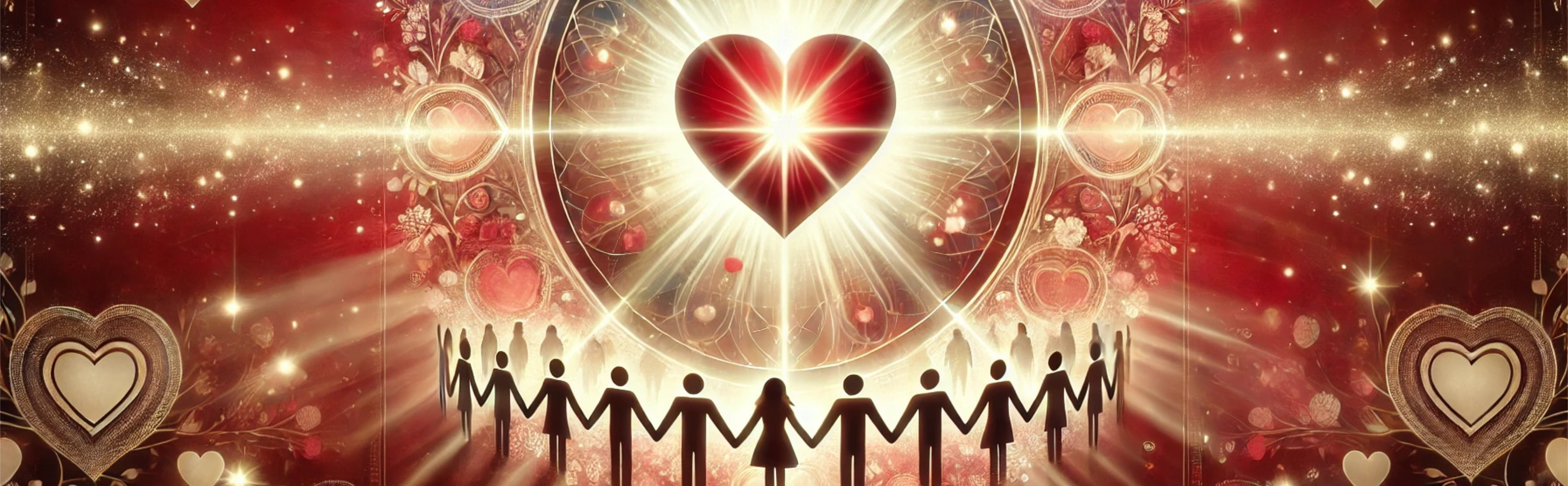 A conceptual image of clients standing around a love heart in the air, symbolizing the coming together of people in love.
