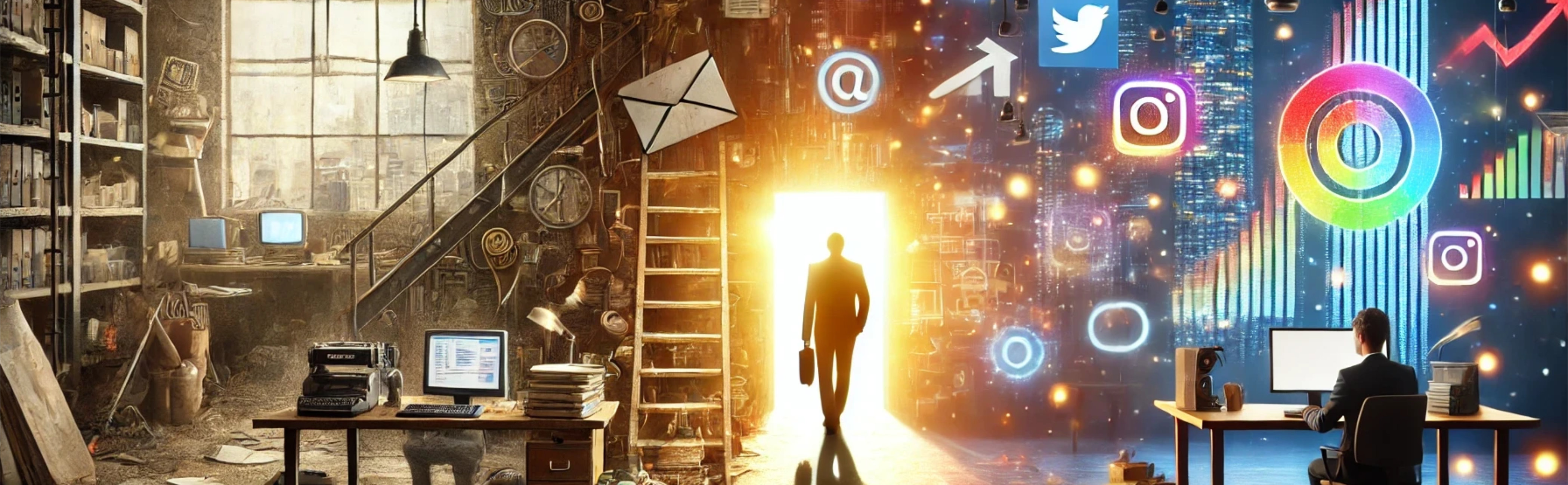A visually striking conceptual image symbolising the shift from flat sales to success through storytelling. The scene features a dull, grey shopfront contrasting to an bright vivid one with light rays shining out.