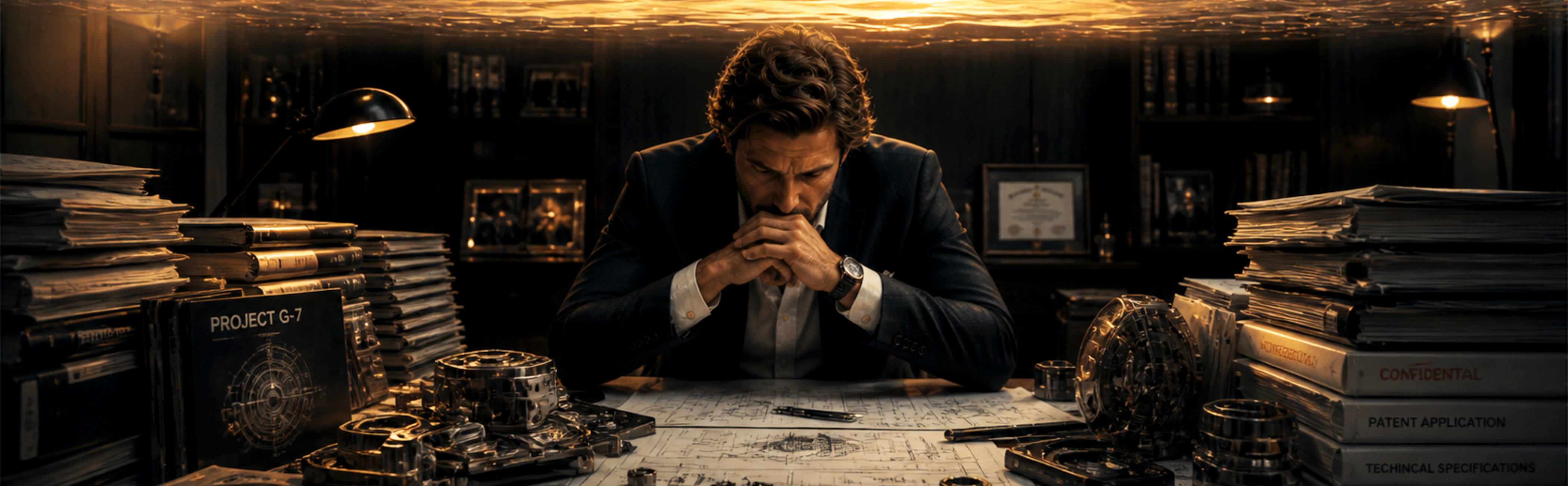 A man sits at a desk, looking at the details of his business.