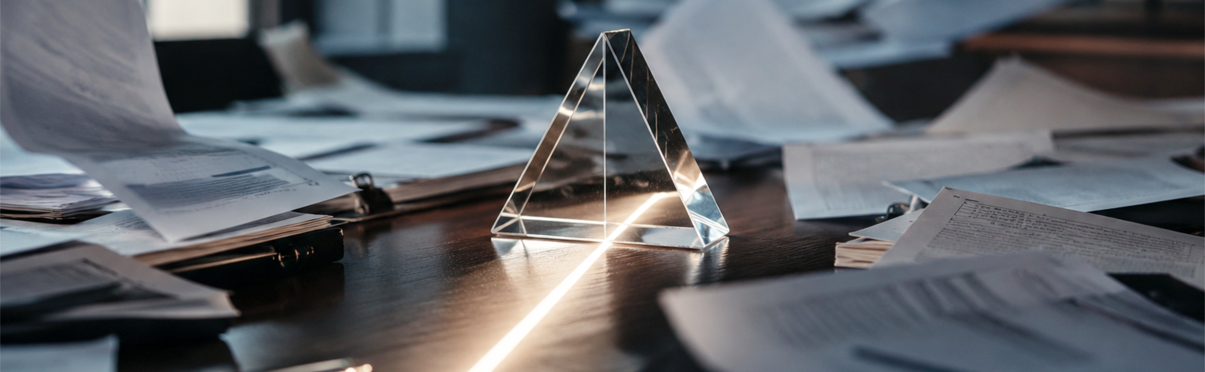 A crystal pyramid prism sitting on a cluttered desk covered in scattered papers, with a bright beam of light reflecting off the crystal onto the dark wooden surface.