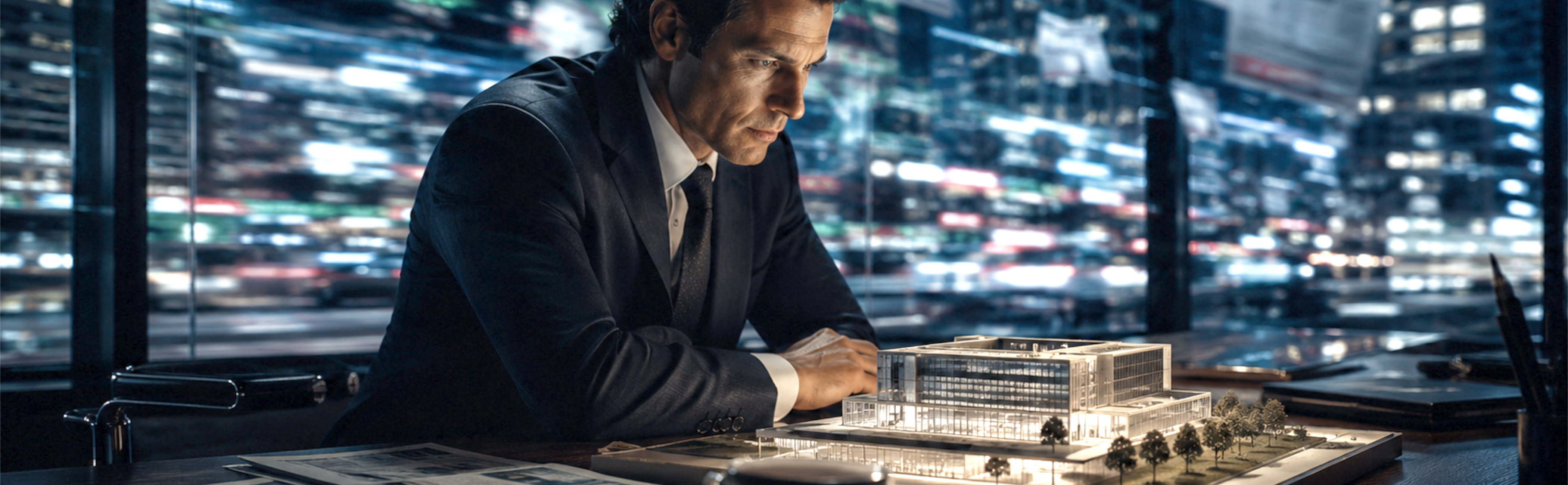 A business man concentrates on a model of a lit building, representing controllable risk, in the background there is the noise of news, stock tickers and the world rushing by.