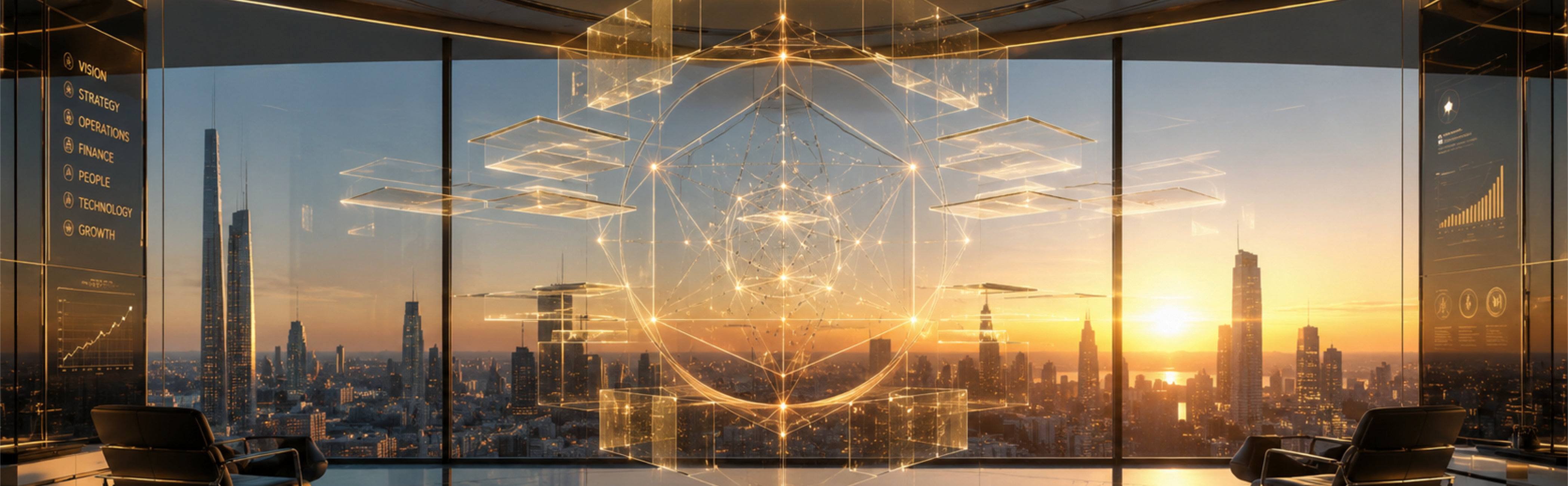 A modern board room overlooking a city at sunset. A holographic blueprint of a future design sits in the center of the room.