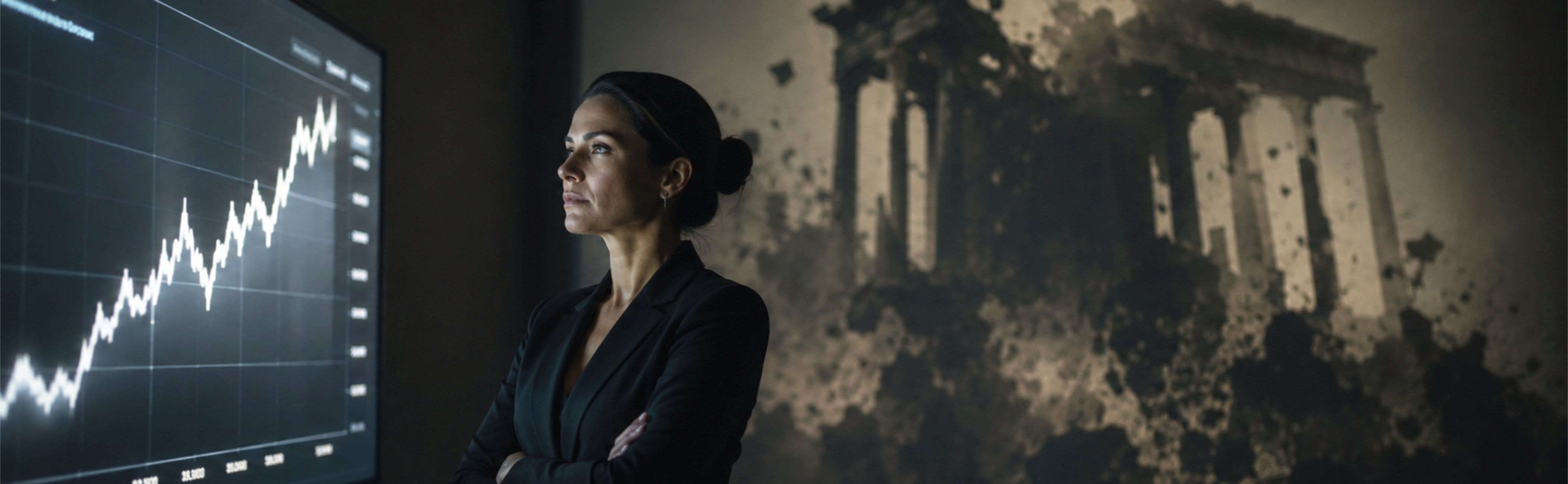 A business woman looks at at data signal on a screen with a collapsing ancient greek temple over her shoulder.