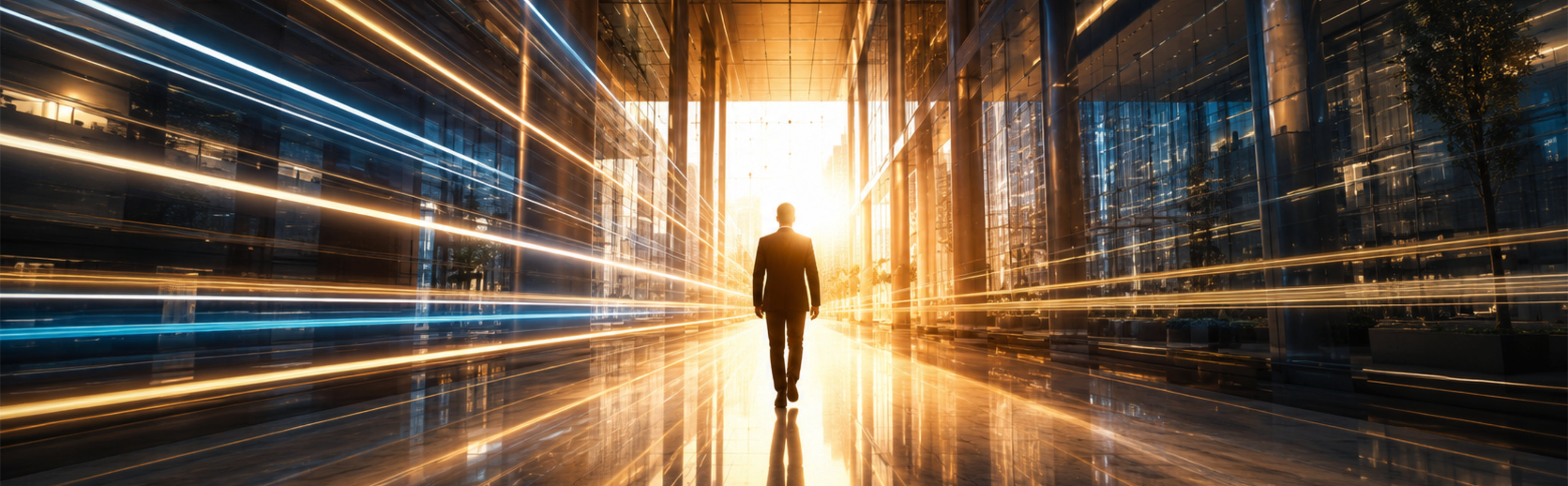 A silhouette of a confident leader is seen walking with purpose toward a bright, expansive light source at the end of a corridor. Surrounding them are streaks of light—clean, rhythmic, and perfectly parallel, representing automated processes moving at high velocity.