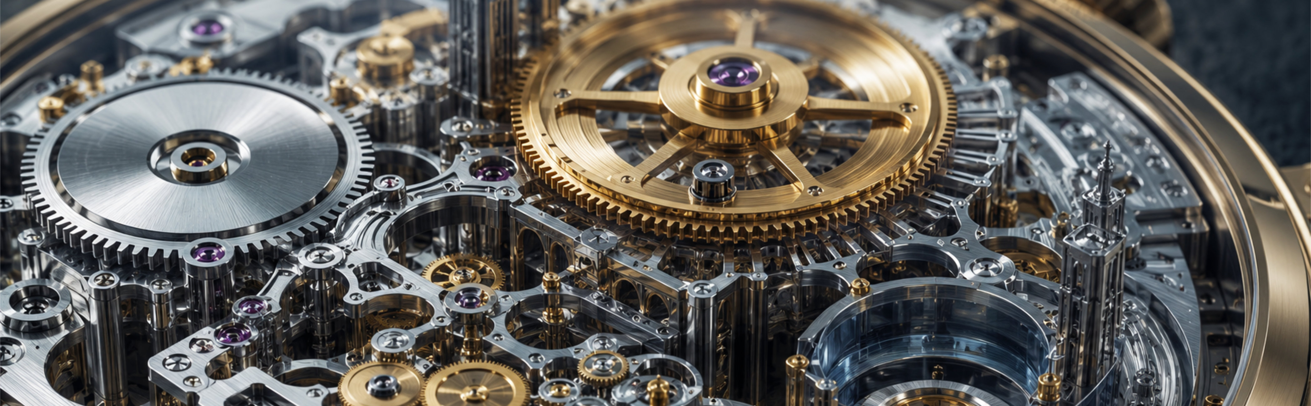 An editorial close-up of an open, bespoke mechanical watch movement, but reimagined as a complex architectural landscape. The gears are made of polished titanium, brushed gold, and sapphire glass. Some gears are massive and slow-moving (the heavy AI models), while others are tiny, intricate, and incredibly fast (the smart routing/small models).