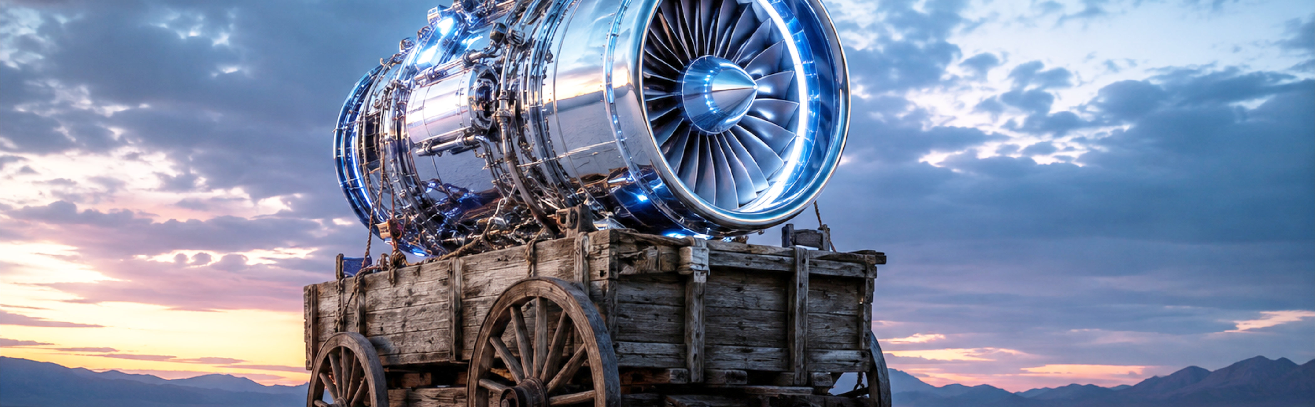 A close up of a mechanical engine being overloaded with glowing digital components, causing visible cracks in the metal.