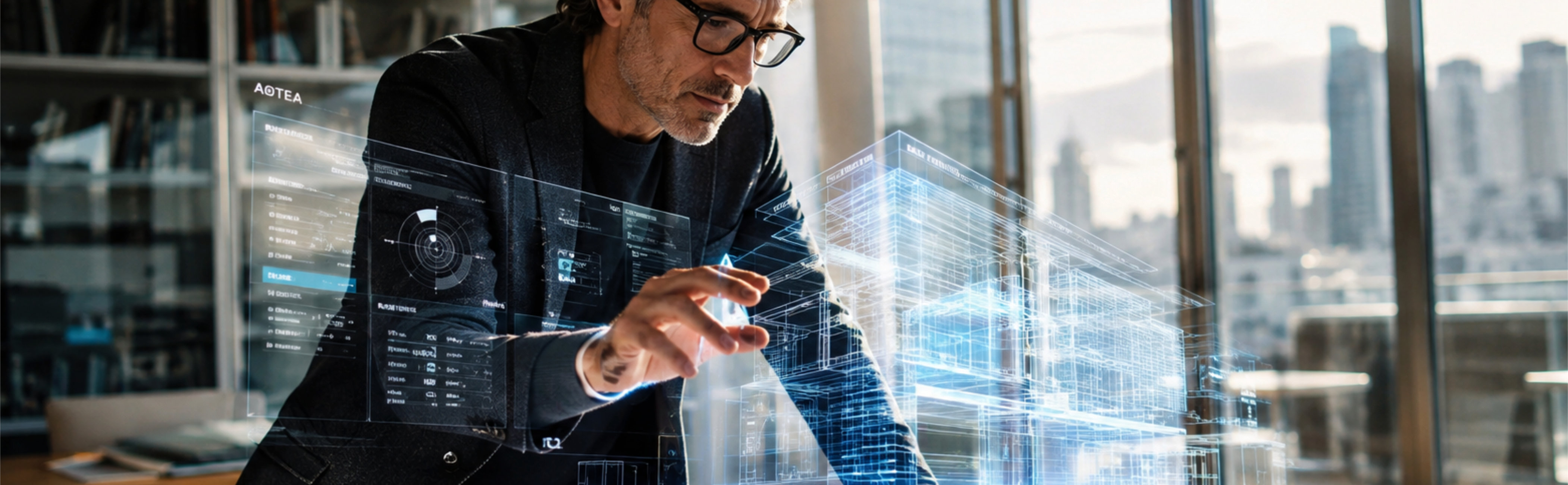 A translucent human figure dissolving into digital data particles in a corporate boardroom.