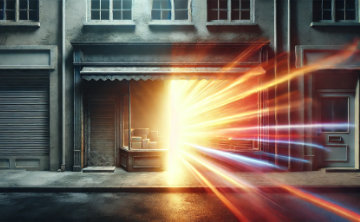 A visually striking conceptual image symbolising the shift from flat sales to success through storytelling. The scene features a dull, grey shopfront contrasting to an bright vivid one with light rays shining out.