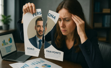 A conceptual image showing a stressed woman working on the tatters of her client persona.