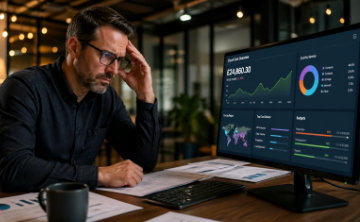 A man contemplating the graphs and pie charts on his screens, which show the costs of doing business.