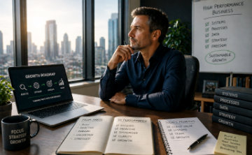 A man contemplating how to move from working hard in the business to creating systems to allow the business to grow efficiently.