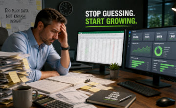A man looking worried at spreadsheets with papers strewn all over the desk, hoping for better data design and visibility.