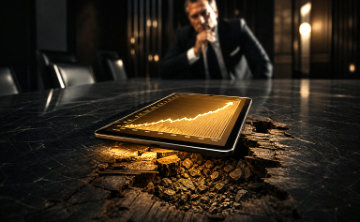 A man sitting in a boardroom, looking at a tablet with authoritative looking data, while the table below, rots.