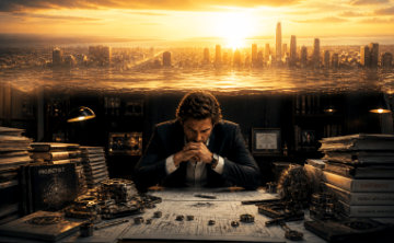 A man sits at a desk, looking at the details of his business.