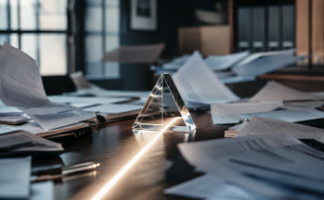 A crystal pyramid prism sitting on a cluttered desk covered in scattered papers, with a bright beam of light reflecting off the crystal onto the dark wooden surface.