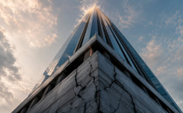 A new tower climbing into the sky, with a cracked base, representing the stress and strain of business getting harder.