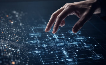 A close-up of a hand hovering over a sleek, dark glass surface. On the glass, a complex, glowing holographic architectural blueprint is being projected, not as messy code, but as perfectly symmetrical, geometric nodes and precise, interconnected lines representing 