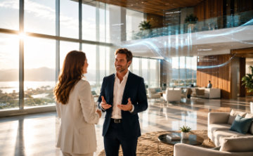 A visionary leader standing in a stunning, sun-drenched modern architectural space with floor-to-ceiling glass windows. The leader is not looking at a screen; they are engaged in a warm, genuine conversation with a client.