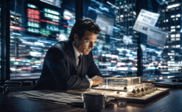 A business man concentrates on a model of a lit building, representing controllable risk, in the background there is the noise of news, stock tickers and the world rushing by.