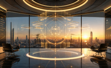 A modern board room overlooking a city at sunset. A holographic blueprint of a future design sits in the center of the room.