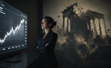 A business woman looks at at data signal on a screen with a collapsing ancient greek temple over her shoulder.
