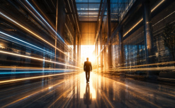 A silhouette of a confident leader is seen walking with purpose toward a bright, expansive light source at the end of a corridor. Surrounding them are streaks of light—clean, rhythmic, and perfectly parallel, representing automated processes moving at high velocity.