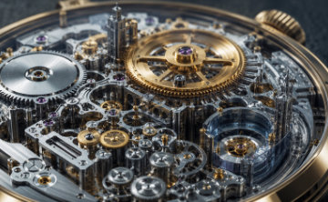 An editorial close-up of an open, bespoke mechanical watch movement, but reimagined as a complex architectural landscape. The gears are made of polished titanium, brushed gold, and sapphire glass. Some gears are massive and slow-moving (the heavy AI models), while others are tiny, intricate, and incredibly fast (the smart routing/small models).