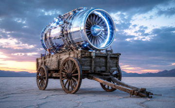 A close up of a mechanical engine being overloaded with glowing digital components, causing visible cracks in the metal.