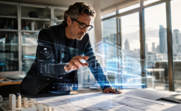 A translucent human figure dissolving into digital data particles in a corporate boardroom.
